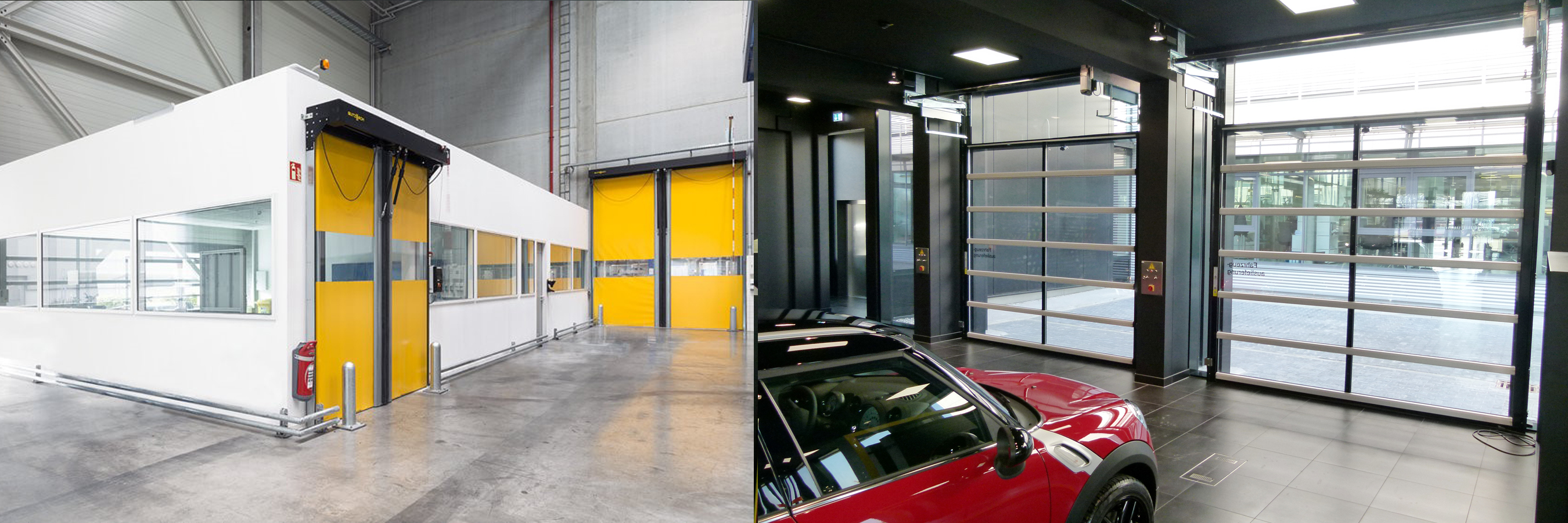 A red Mini behind a transparent shutter door & an office cornered off in an open warehouse.