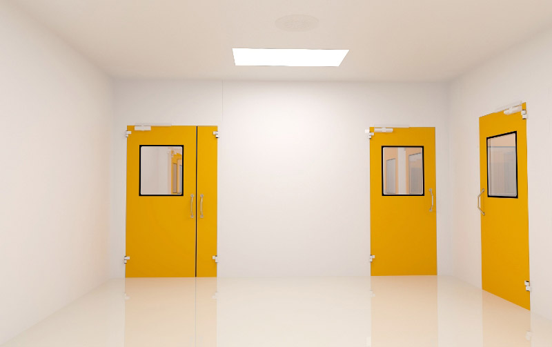 Yellow doors in a white room.