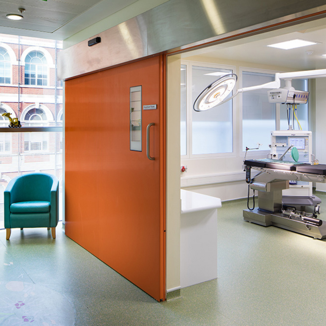 A hygienic GRP Sliding door giving access to an operating room.