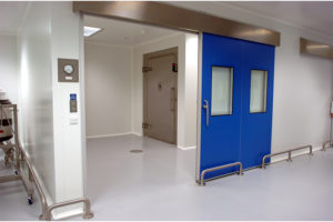 A blue open hermetic sealing sliding door.
