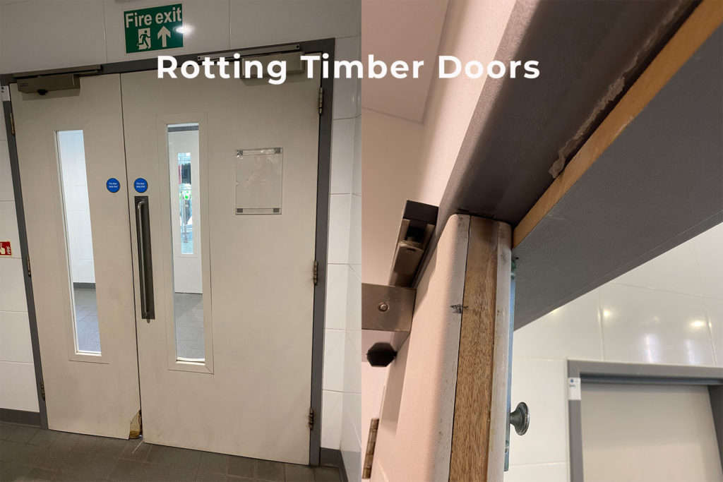 Rotting timber doors. 